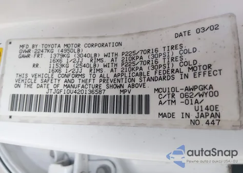2002 Lexus Rx 300 from USA, damaged, VIN JTJGF10U420136587